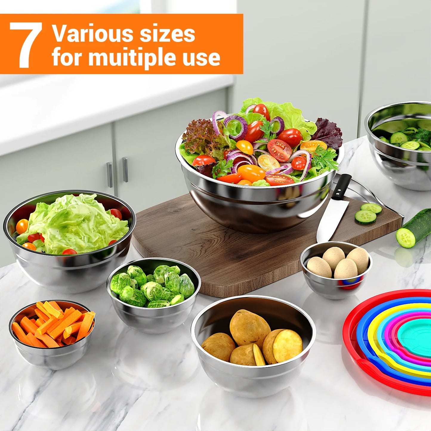 Mixing Bowls with Lids: 7 Pack Stainless Steel Mixing Bowls Set, Metal Nesting Mixing Bowls for Kitchen, 7/4.5/3.0/2.0/1.5/1.0/0.7QT, Great for Prep, Baking, Serving, Multicolor