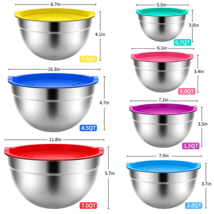 Mixing Bowls with Lids: 7 Pack Stainless Steel Mixing Bowls Set, Metal Nesting Mixing Bowls for Kitchen, 7/4.5/3.0/2.0/1.5/1.0/0.7QT, Great for Prep, Baking, Serving, Multicolor
